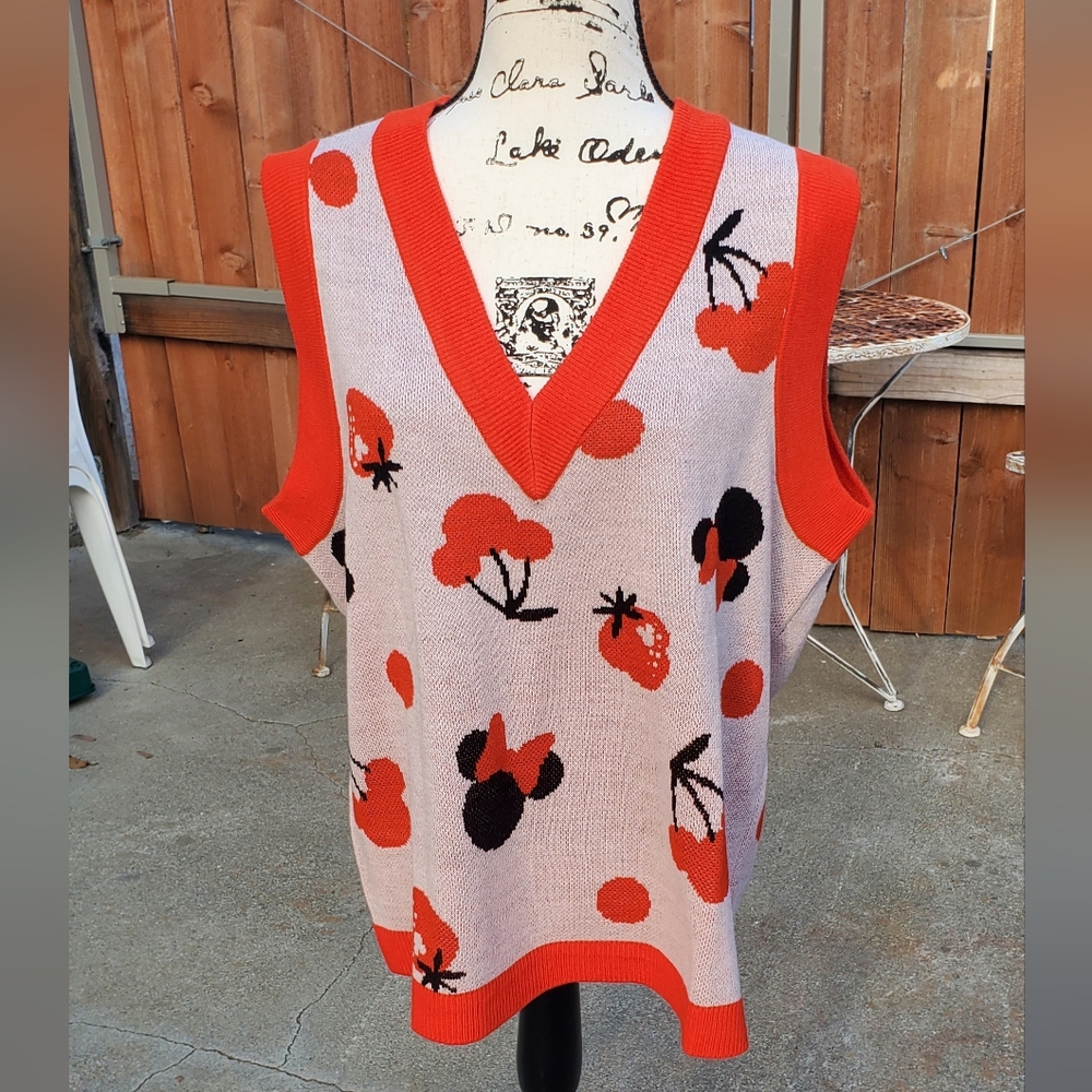 Women's V-Neck Sweater Vest - Red and Black Floral Design